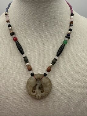 Handcrafted Multicolor Bead Necklace with Vintage Carved Fish Jade Pendant